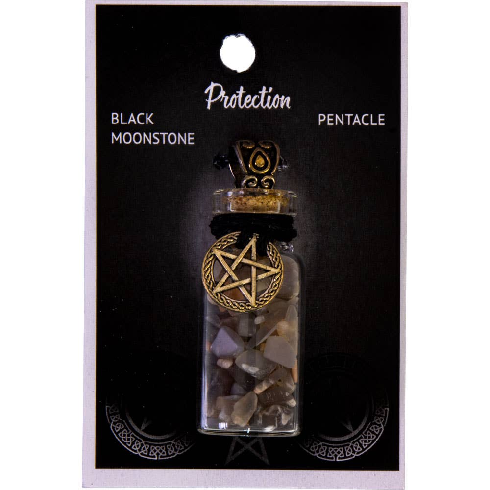 Gemstone Chip Bottle Necklace - Black Moonstone w/ Pentacle