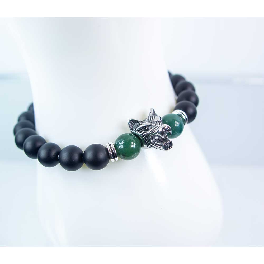 Elastic Bracelet 10mm Bead Moss&Matte Black Agate w/SS Wolf