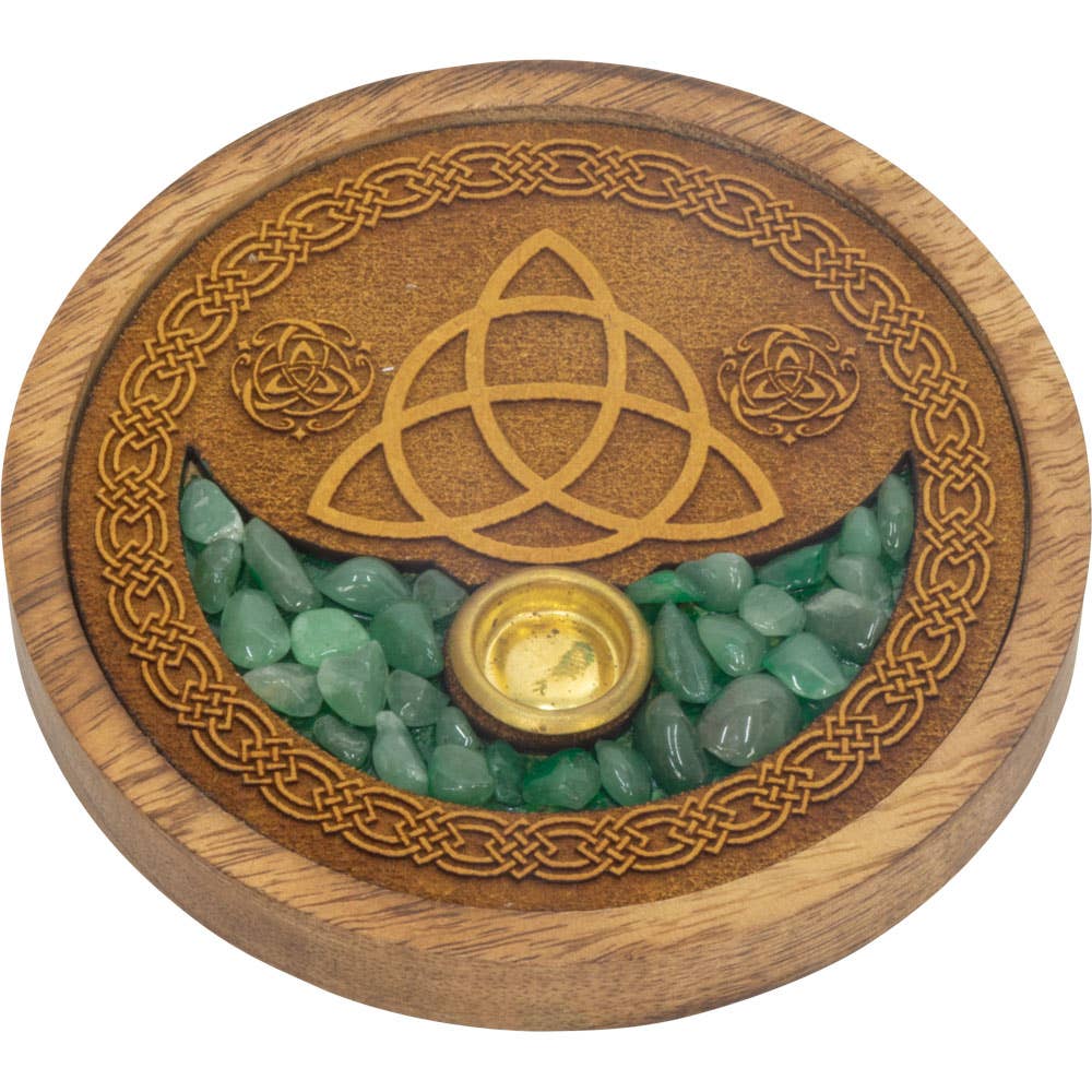 Laser Etched Wood Round Incense Holder - Triquetra w/ Green
