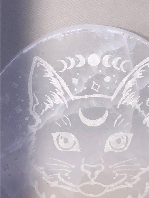 Selenite Slab with Cat Engraving