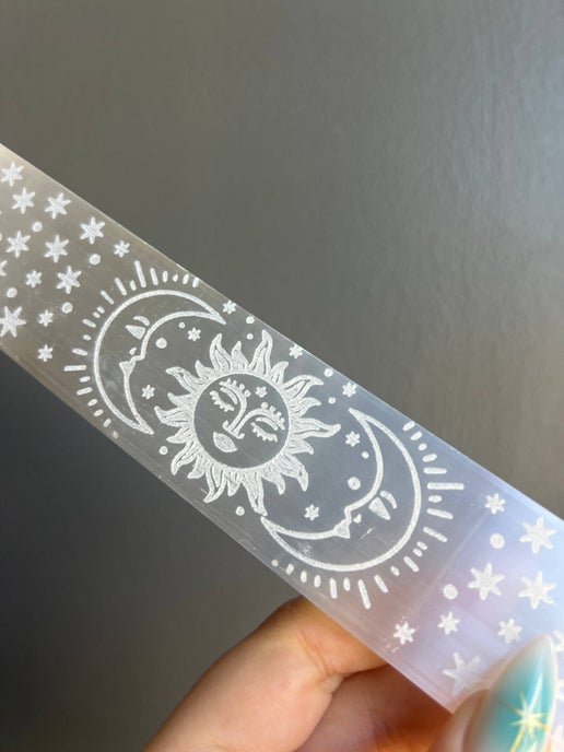 Etched Selenite Sun & Moon Crystal Charging Bar