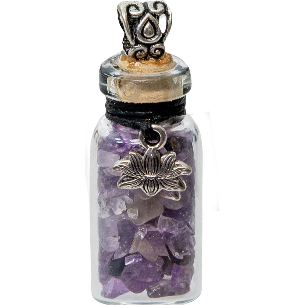 Gemstone Chip Bottle Necklace - Amethyst w/ Lotus (Each)
