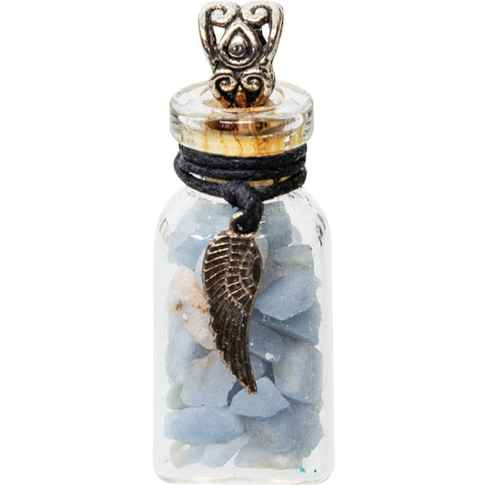 Gemstone Chip Bottle Necklace - Angelite w/ Angel Wing