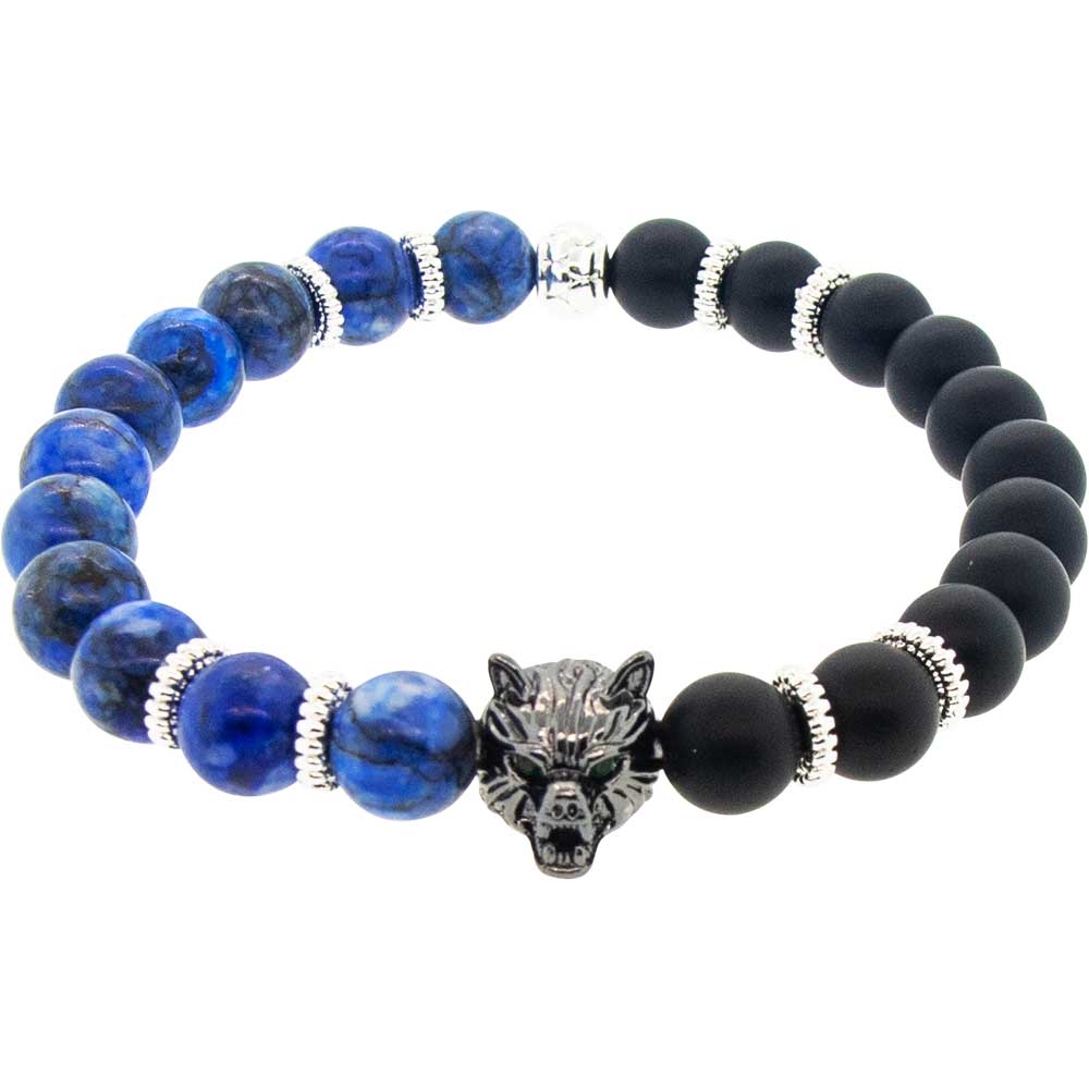 Elastic Bracelet 8mm Bead Howlite Matte BK Agate w/SS Bear