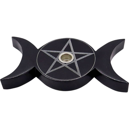 Soapstone Mini Candle Holder Triple Moon w/ Pentacle - Black