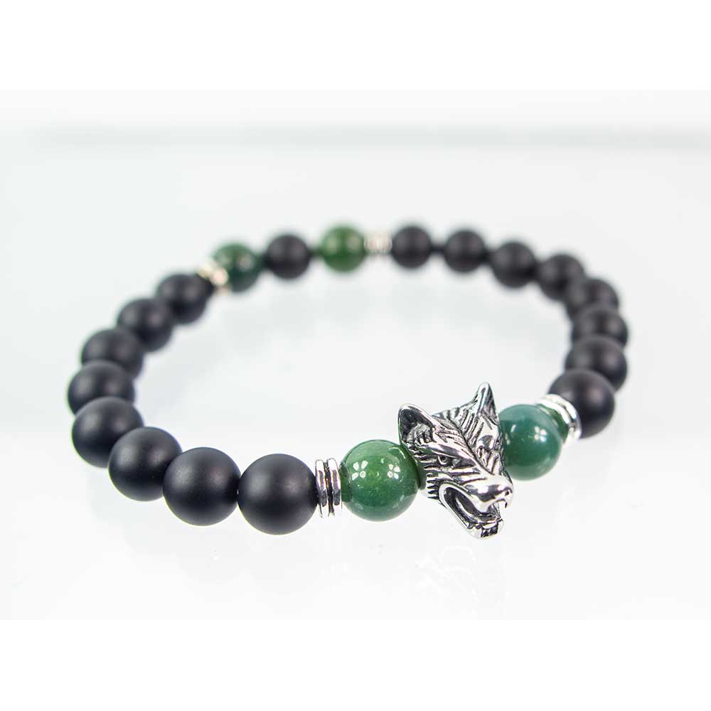 Elastic Bracelet 10mm Bead Moss&Matte Black Agate w/SS Wolf