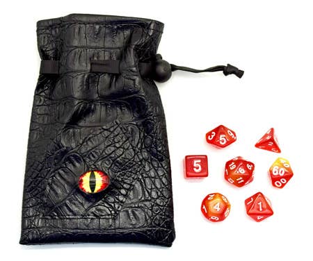 7 gaming dice in a black embossed bag with an eye on the bag