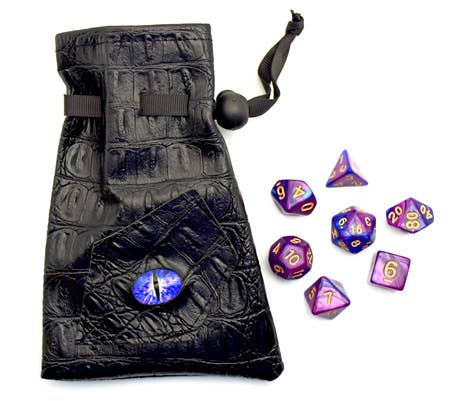 7 Gamers Dice in a Black PVC bag with an eye on the bag