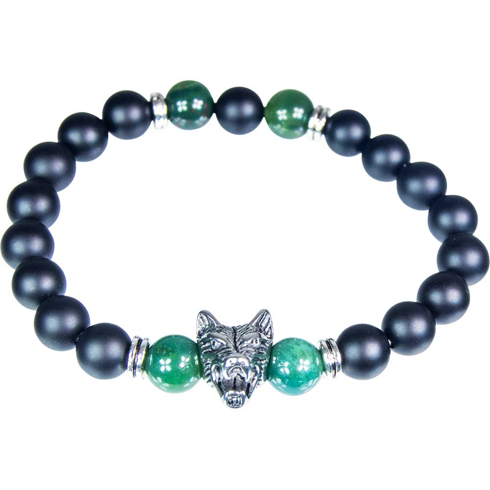 Elastic Bracelet 10mm Bead Moss&Matte Black Agate w/SS Wolf