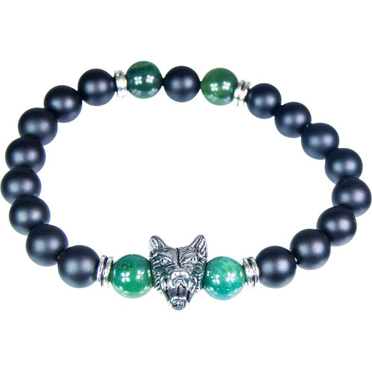 Elastic Bracelet 10mm Bead Moss&Matte Black Agate w/SS Wolf