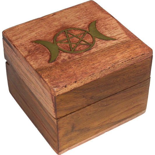 Acacia Wood Box Velvet Lined Brass Inlay - Triple Moon