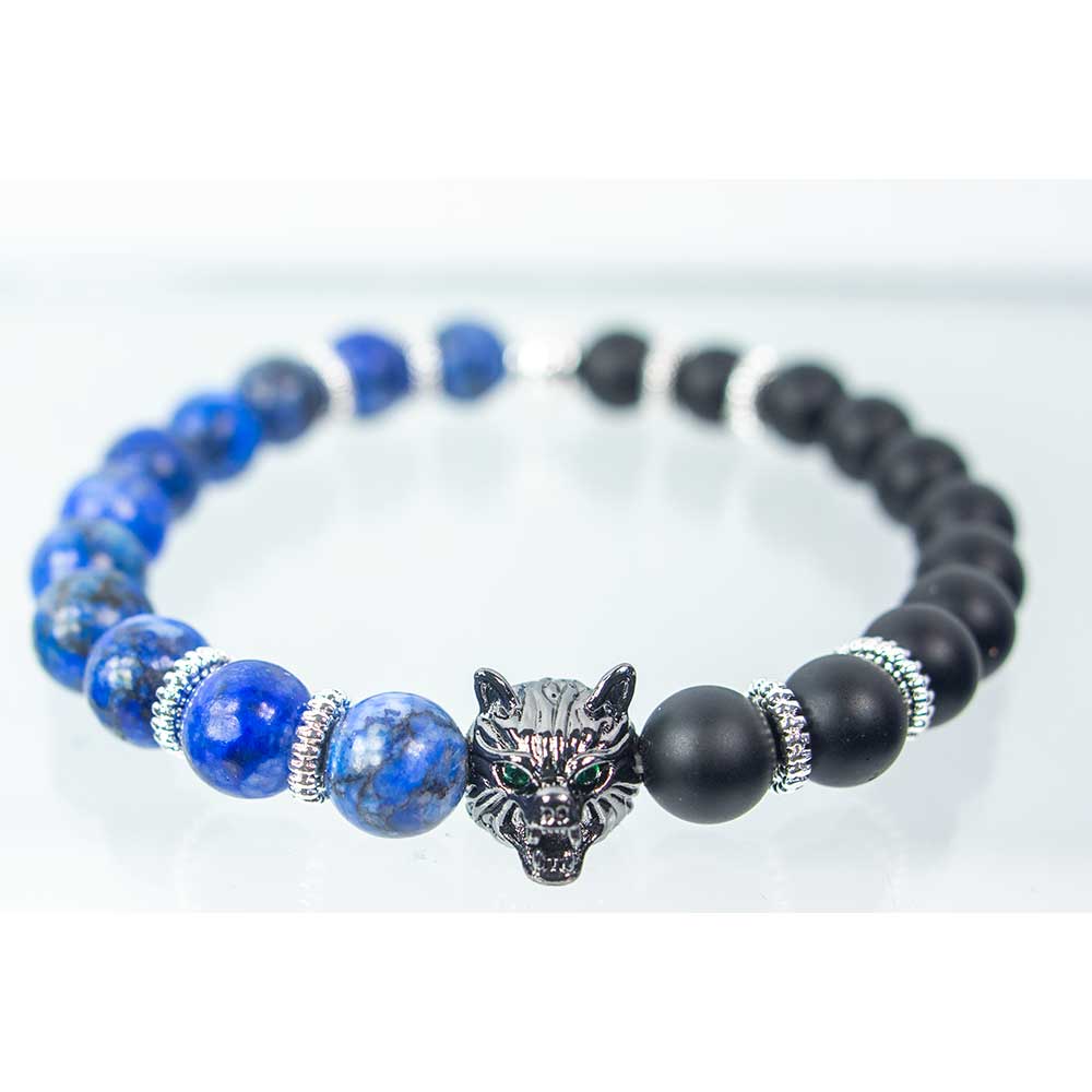 Elastic Bracelet 8mm Bead Howlite Matte BK Agate w/SS Bear