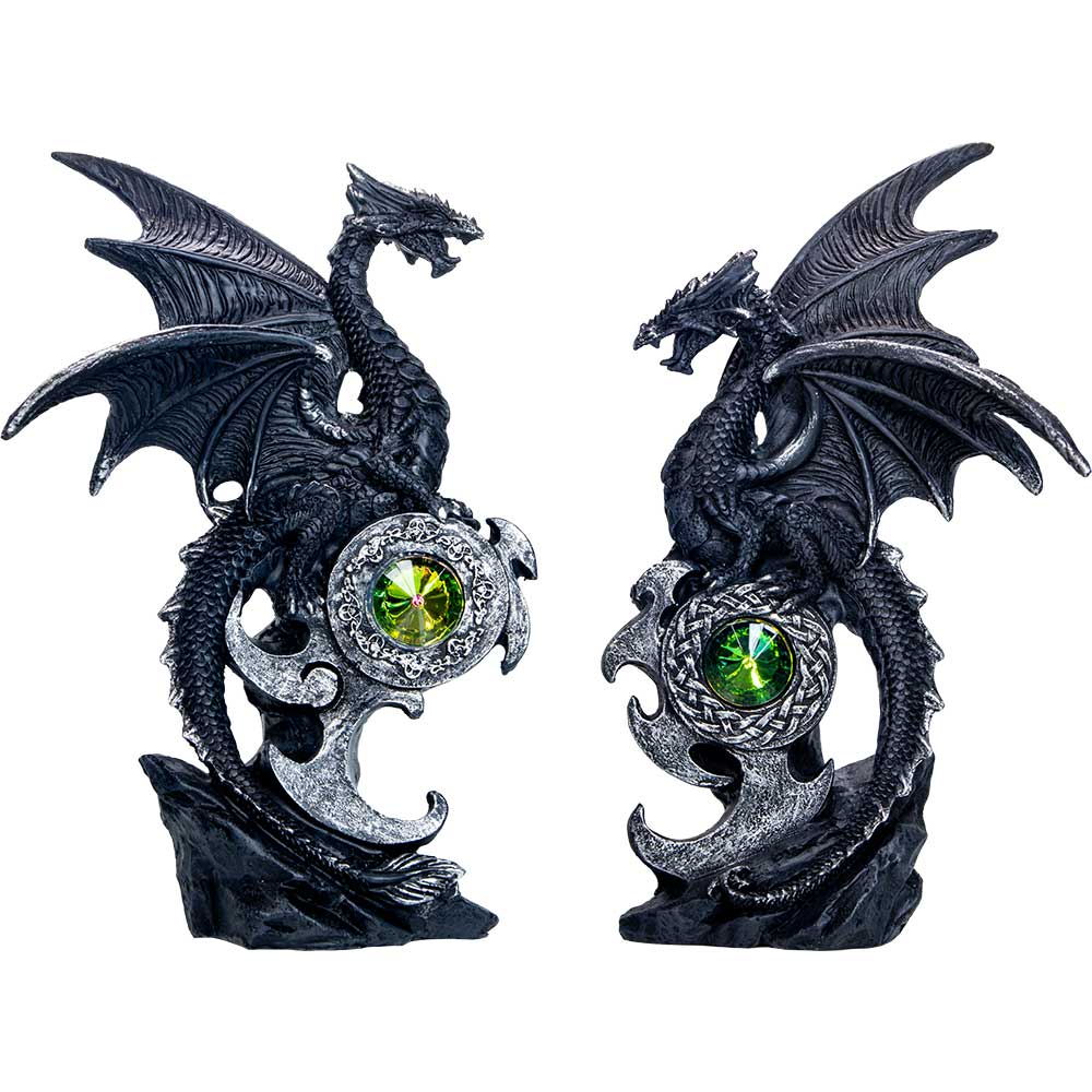Polyresin Winged Dragon Perched on Shield w/Gem (Set of 2)