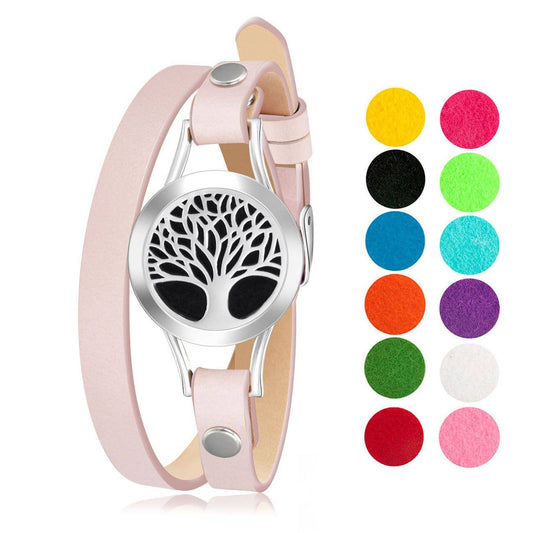 Tree of Life Pink Leather Aromatherapy Wrap Bracelet