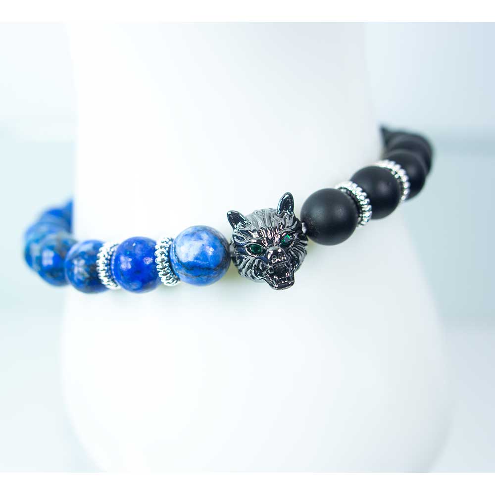 Elastic Bracelet 8mm Bead Howlite Matte BK Agate w/SS Bear