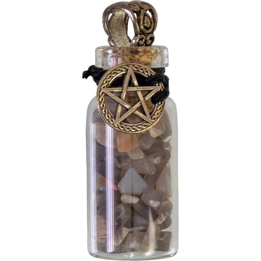 Gemstone Chip Bottle Necklace - Black Moonstone w/ Pentacle