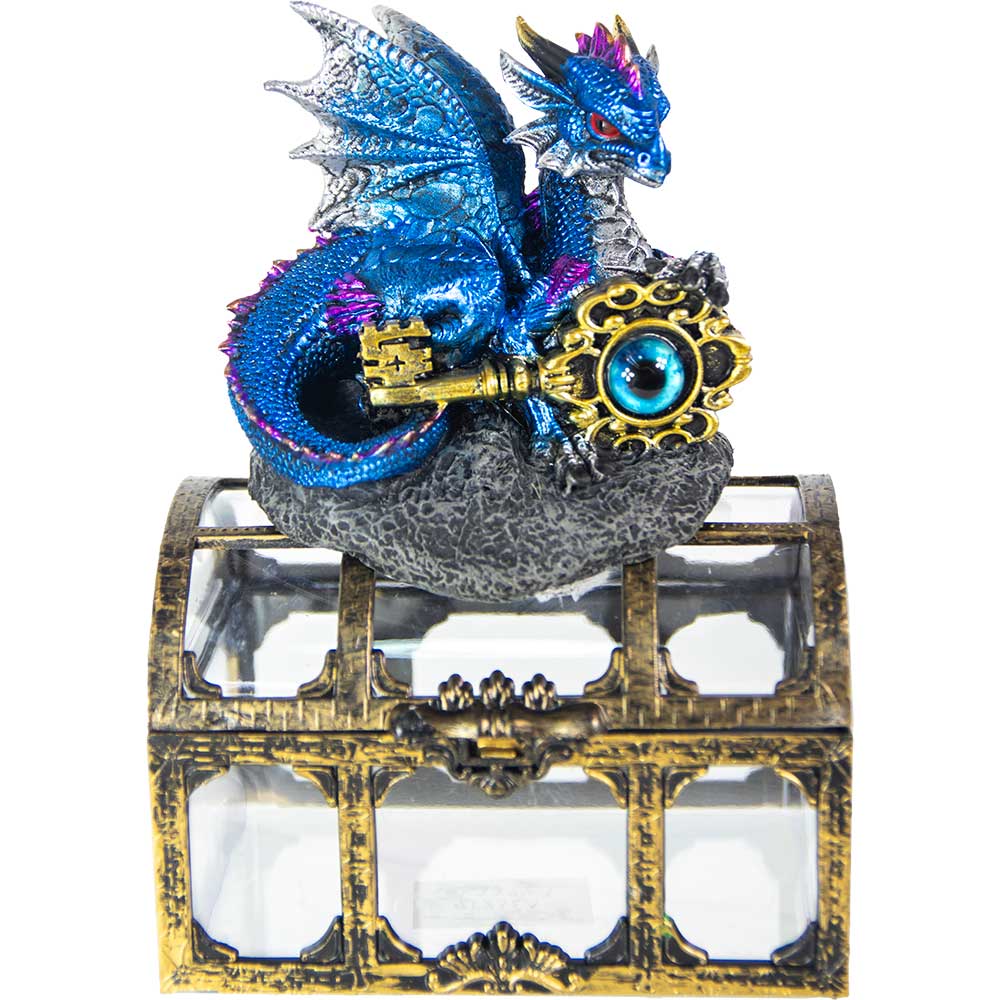 Polyresin Dragon on Treasure Chest - Blue w/ Dragon Eye Key