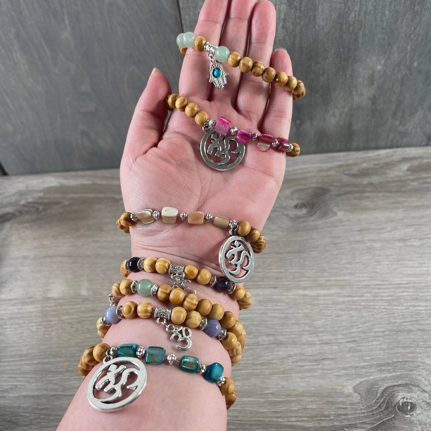 Assorted Gemstone with Wood Beads Bracelet Stretchy String