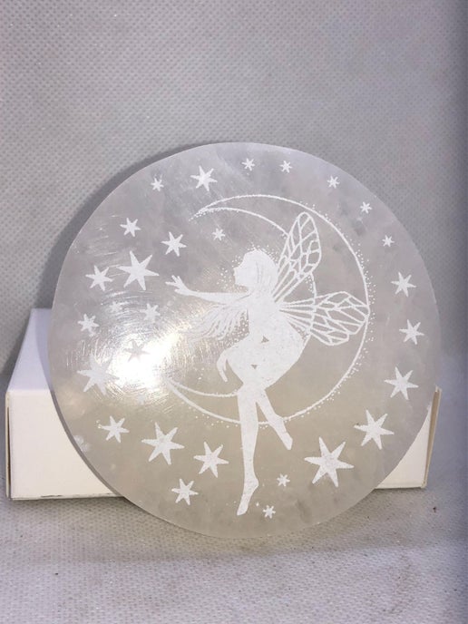 Selenite Slab with Fairy Engraving